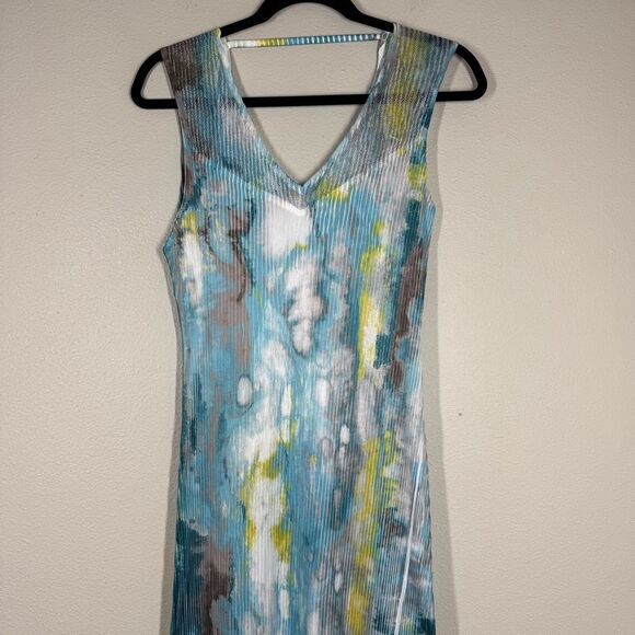 Komarov Maxi Dress Crinkle Mesh Blue Semi Sheer Watercolor Fairycore Girly Large - Picture 2 of 9